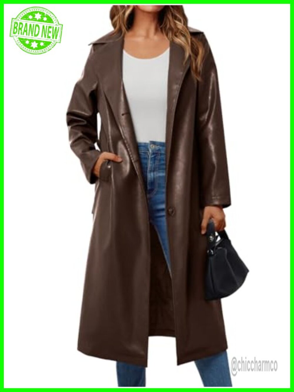 Womens Faux Leather Trench Coat Belted Knee Length Jacket